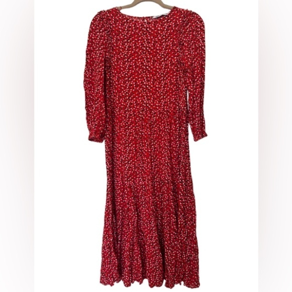 Womens Zara Tiered 3/4 Sleeve Shift Dress In Red. Size S